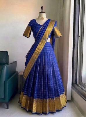 Vibrant Royal Blue Checkered silk blend Lehenga Choli with Antique Gold Border 4