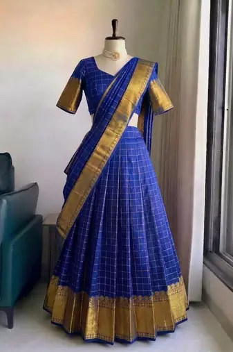 Vibrant Royal Blue Checkered Silk Lehenga Choli with Antique Gold Border