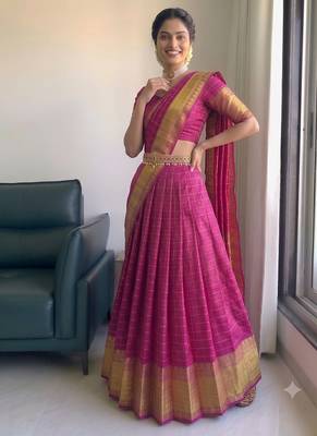 Festive Rani Pink Checkered Silk Lehenga Choli with Golden Zari Detail 3