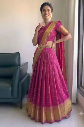 Festive Rani Pink Checkered Silk Lehenga Choli with Golden Zari Detail