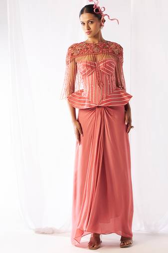 Rose pink embroidered organza co ord set