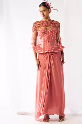 Rose pink embroidered organza co ord set