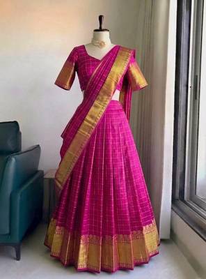 Festive Rani Pink Checkered Silk Lehenga Choli with Golden Zari Detail 4