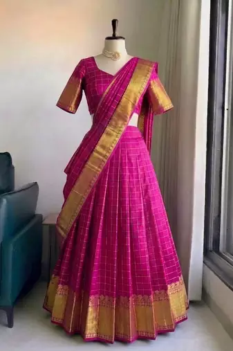Festive Rani Pink Checkered Silk Lehenga Choli with Golden Zari Detail