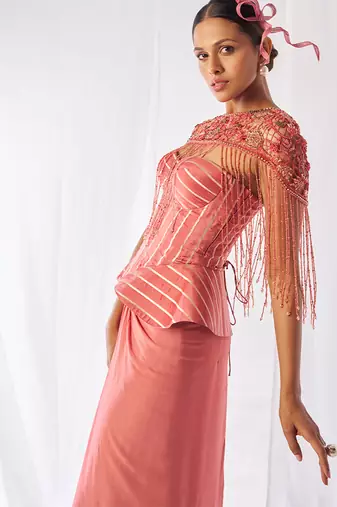 Rose pink embroidered organza co ord set