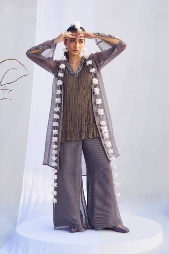 Lilac brown embroidered crepe co ord set