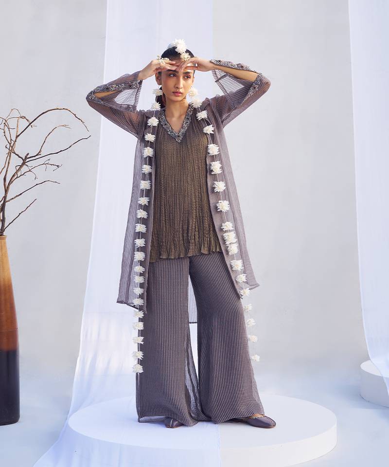 Lilac brown embroidered crepe co ord set