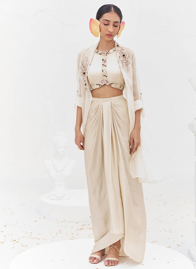 Ivory embroidered satin co ord set