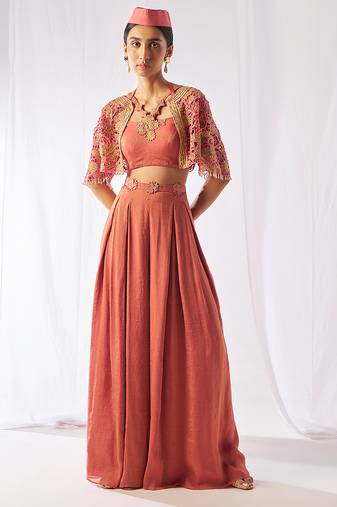 Peach hand embroidered crepe co ord set