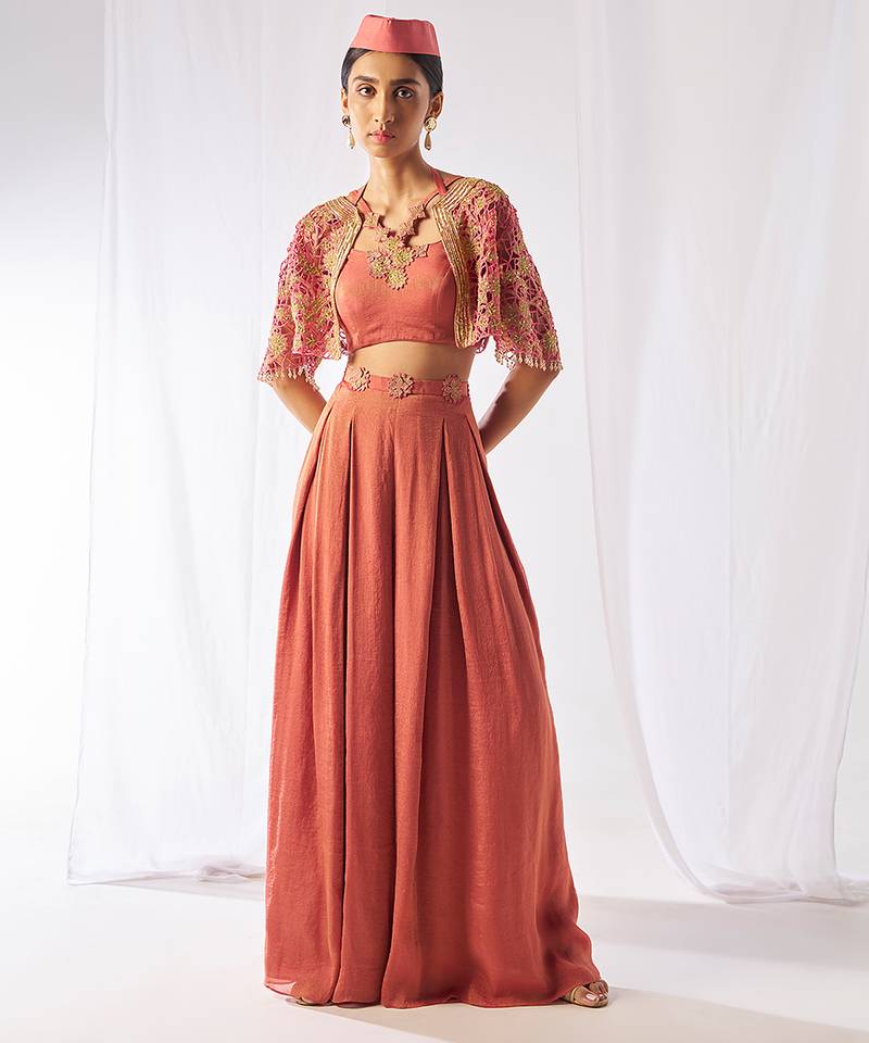 Peach hand embroidered crepe co ord set