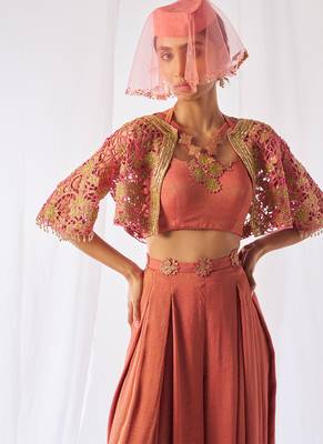 Peach hand embroidered crepe co ord set 2