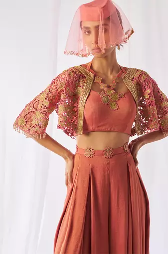 Peach hand embroidered crepe co ord set