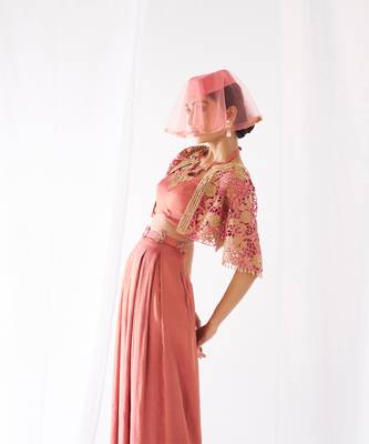 Peach hand embroidered crepe co ord set 3