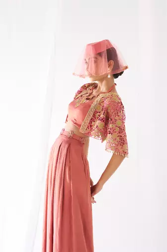 Peach hand embroidered crepe co ord set