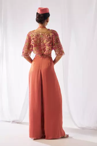 Peach hand embroidered crepe co ord set