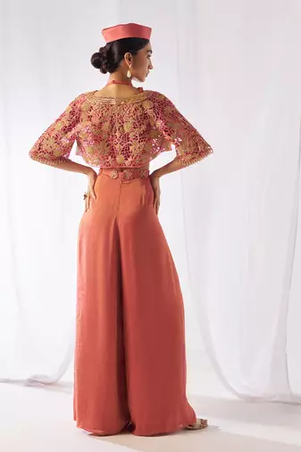 Peach hand embroidered crepe co ord set