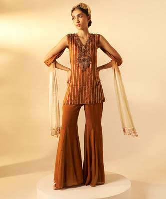 Rich brown embroidered organza co ord set 1
