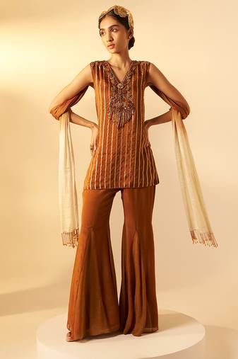Rich brown embroidered organza co ord set