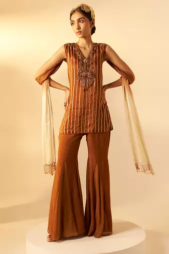 Rich brown embroidered organza co ord set