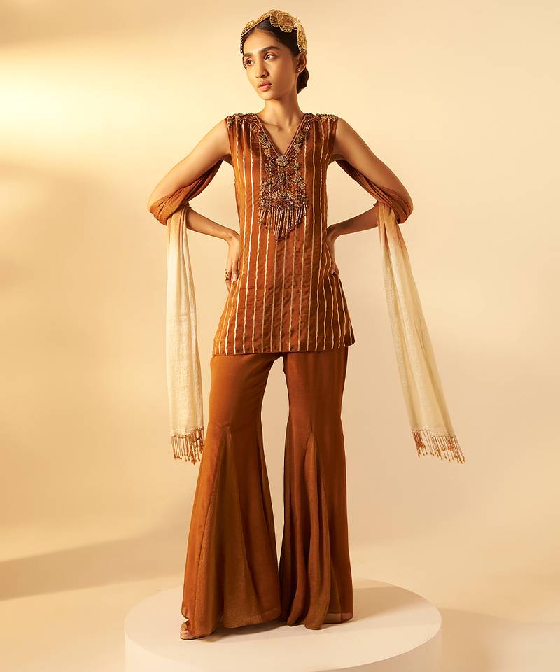 Rich brown embroidered organza co ord set