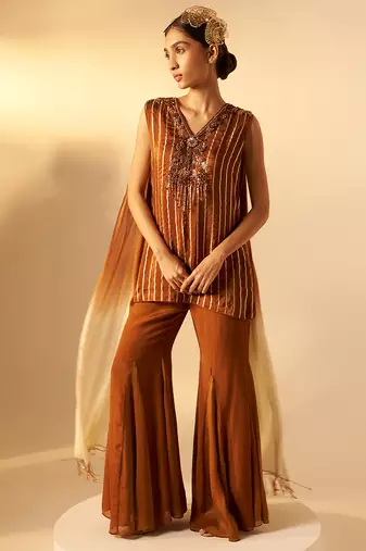 Rich brown embroidered organza co ord set