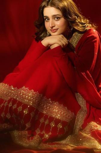 Red colour vichitra silk embroidered gown pant set with dupatta