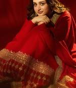 Red colour vichitra silk embroidered gown pant set with dupatta