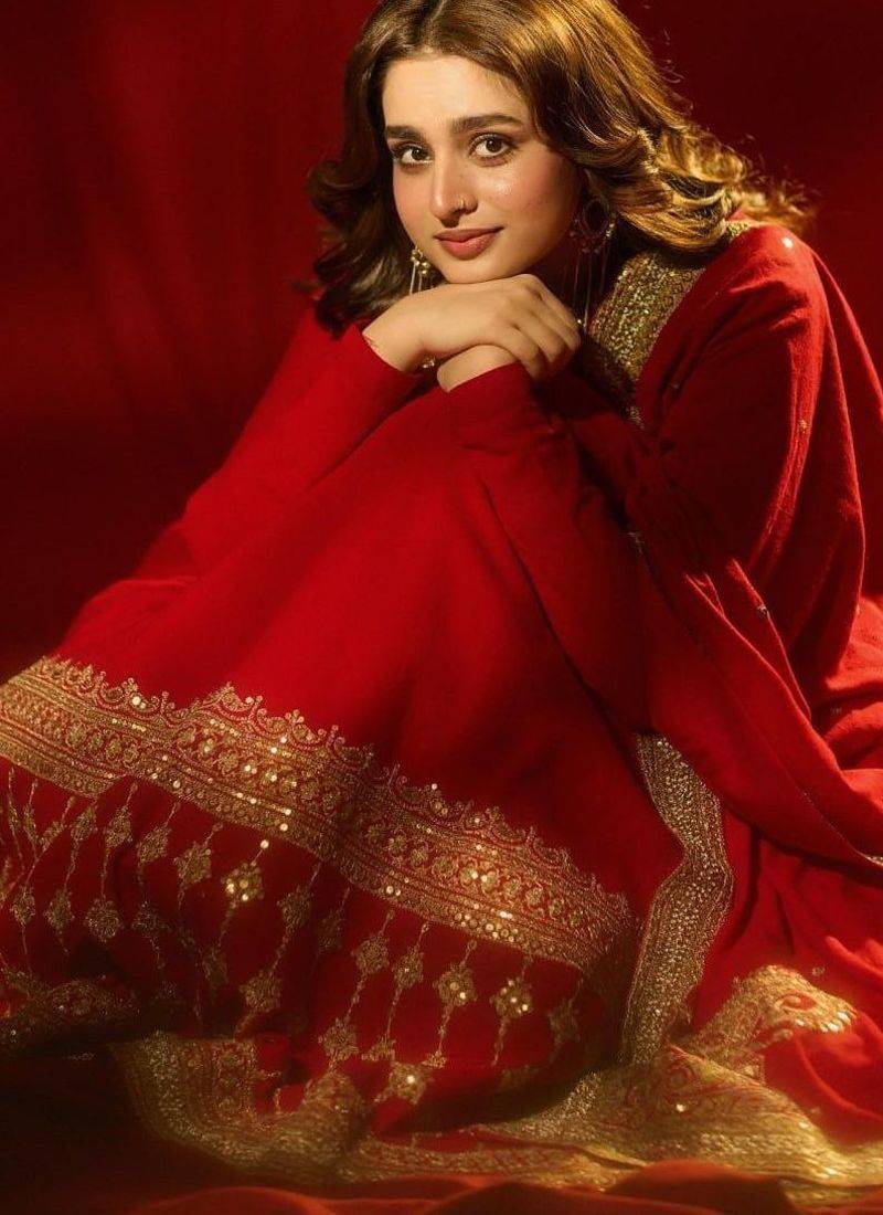 Red colour vichitra silk embroidered gown pant set with dupatta