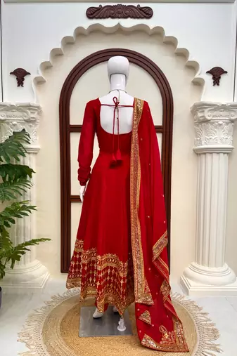 Red colour vichitra silk embroidered gown pant set with dupatta