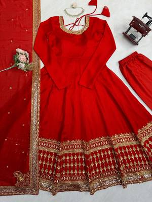 Red colour vichitra silk embroidered gown pant set with dupatta 4