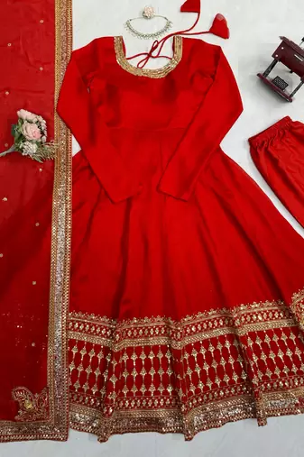 Red colour vichitra silk embroidered gown pant set with dupatta