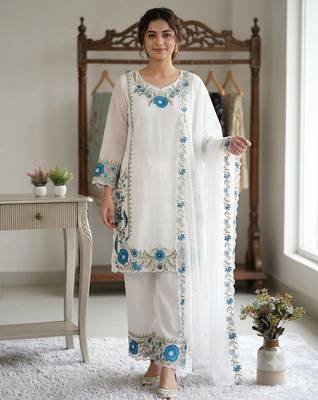 Blue colour embroidered faux georgette palazzo suit with dupatta 1