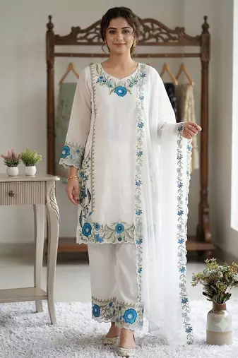 Blue colour embroidered faux georgette palazzo suit with dupatta