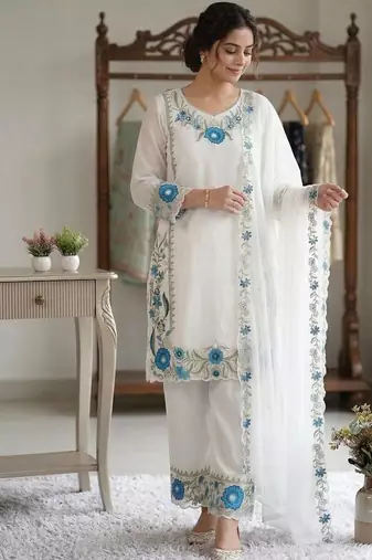 Blue colour embroidered faux georgette palazzo suit with dupatta