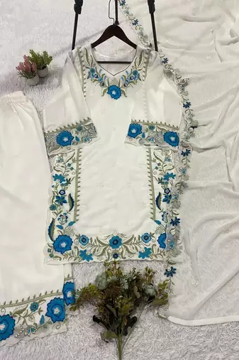 Blue colour embroidered faux georgette palazzo suit with dupatta