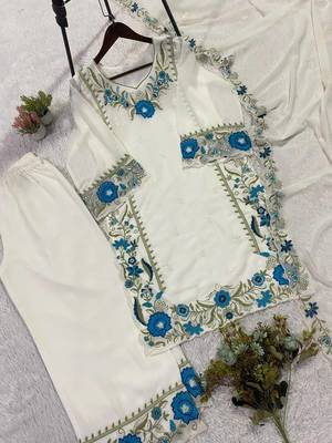 Blue colour embroidered faux georgette palazzo suit with dupatta 4