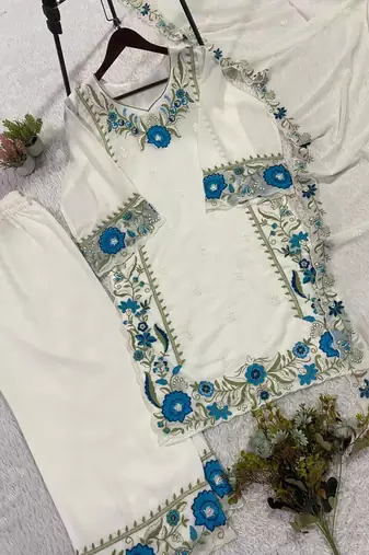 Blue colour embroidered faux georgette palazzo suit with dupatta