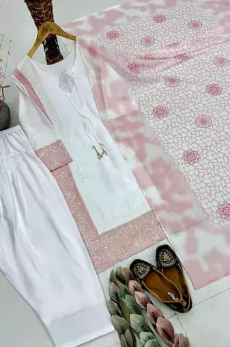 Light Pink Color Embroidery And Sequence Work Silk Blend Salwar Suit
