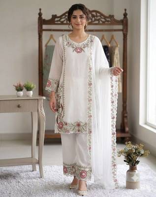 Peach colour embroidered faux georgette palazzo suit with dupatta 1