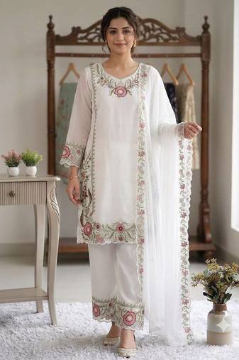 Peach colour embroidered faux georgette palazzo suit with dupatta