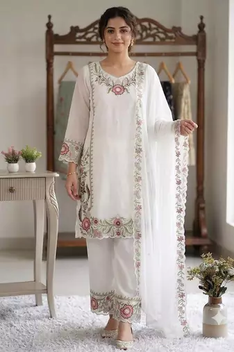 Peach colour embroidered faux georgette palazzo suit with dupatta