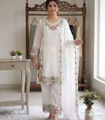 Peach colour embroidered faux georgette palazzo suit with dupatta