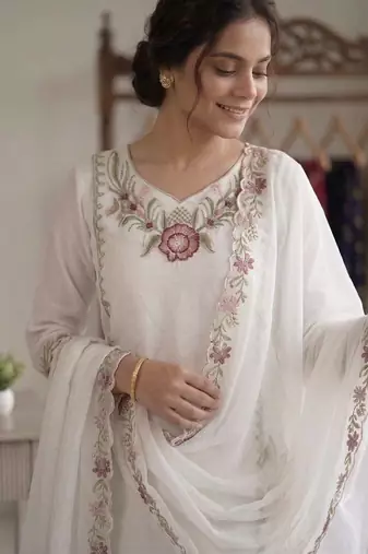Peach colour embroidered faux georgette palazzo suit with dupatta