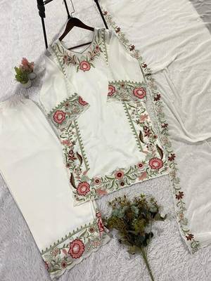 Peach colour embroidered faux georgette palazzo suit with dupatta 3