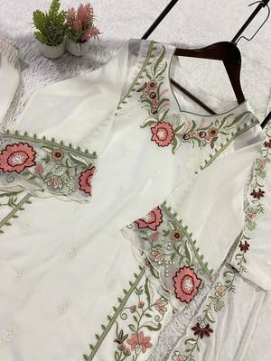 Peach colour embroidered faux georgette palazzo suit with dupatta 4
