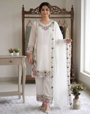 Pink colour embroidered faux georgette palazzo suit with dupatta 1