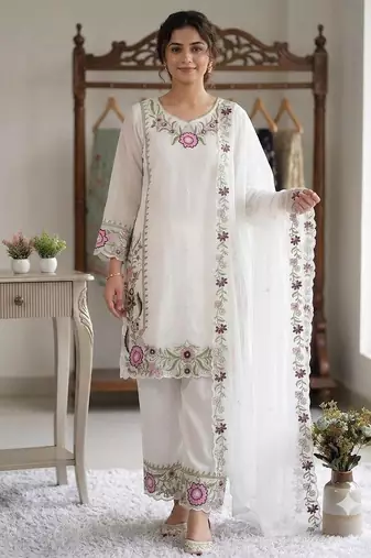 Pink colour embroidered faux georgette palazzo suit with dupatta