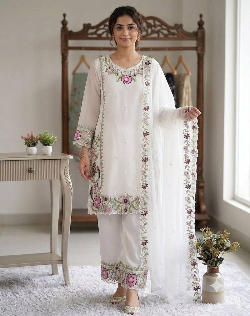 Pink colour embroidered faux georgette palazzo suit with dupatta