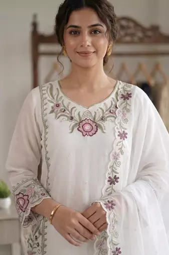 Pink colour embroidered faux georgette palazzo suit with dupatta