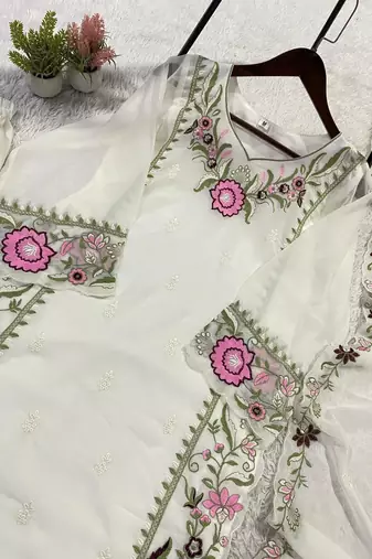 Pink colour embroidered faux georgette palazzo suit with dupatta